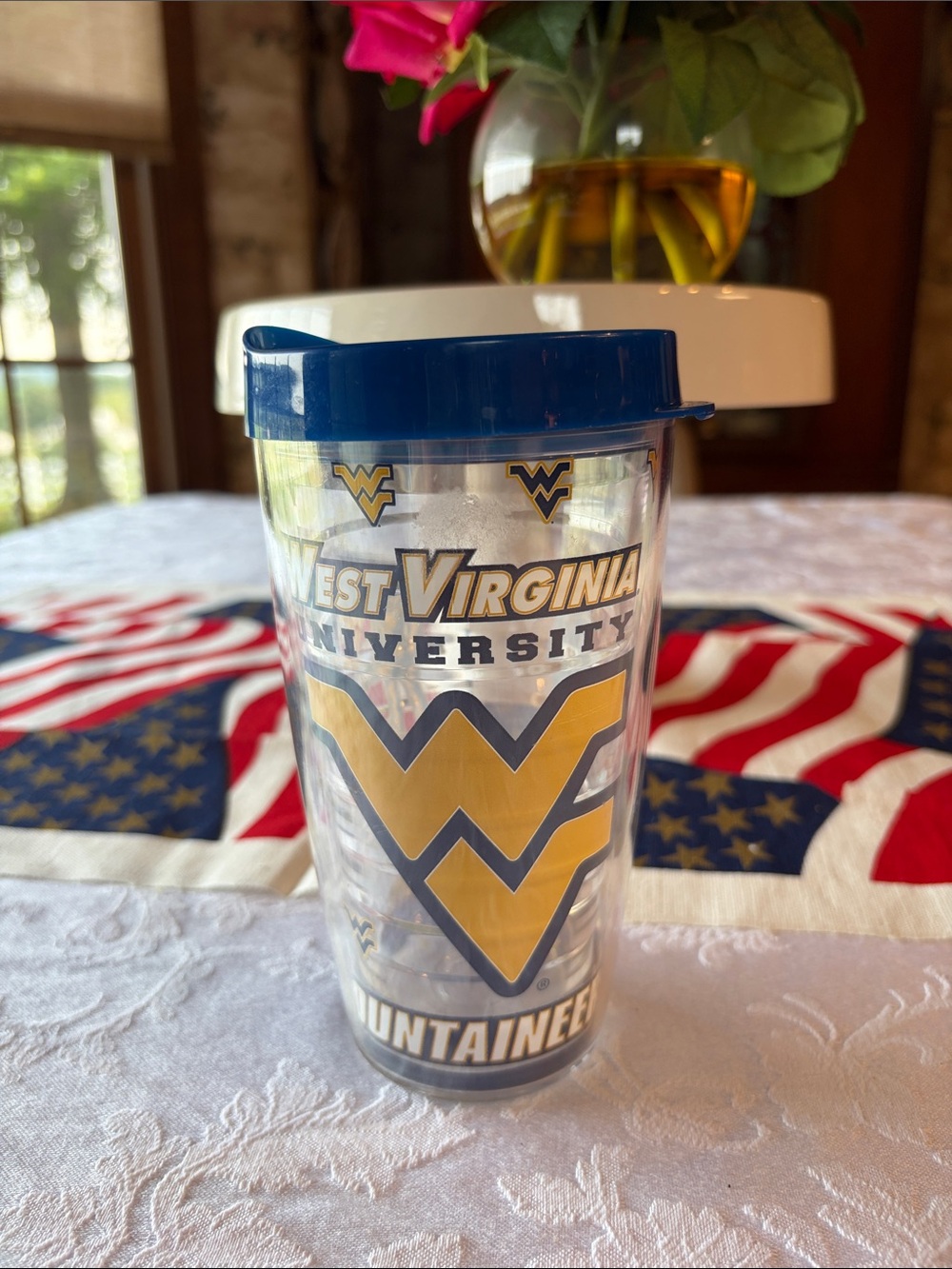 tervis Clear Tumbler with Blue Lid and Gold WV Logos
